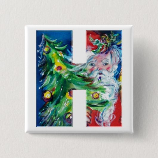 SANTA MET BALLOONS EN CHRISTMAS TREE H MONOGRAM VIERKANTE BUTTON 5,1 CM (Voorkant)