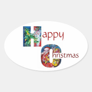 SANTA MET BALLOONS EN CHRISTMAS TREE MONOGRAM OVALE STICKER
