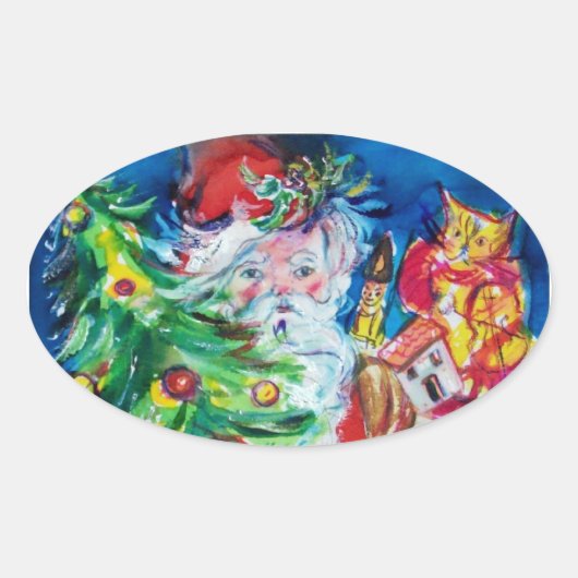 SANTA MET CHRISTMAS TREE EN GIFTS OVALE STICKER (Voorkant)
