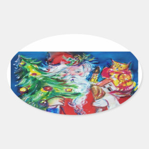 SANTA MET CHRISTMAS TREE EN GIFTS OVALE STICKER