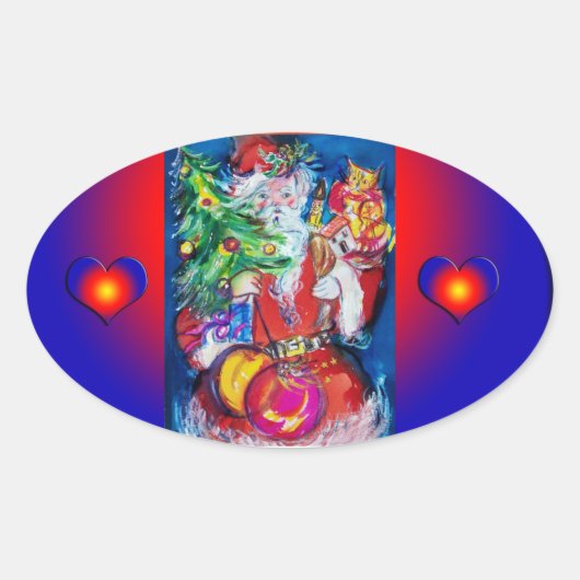 SANTA MET CHRISTMAS TREE EN GIFTS OVALE STICKER (Voorkant)