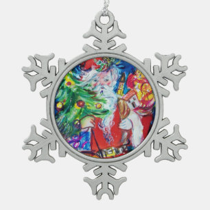 SANTA MET CHRISTMAS TREE EN GIFTS TIN SNEEUWVLOK ORNAMENT