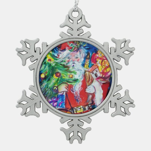 SANTA MET CHRISTMAS TREE EN GIFTS TIN SNEEUWVLOK ORNAMENT (Voorkant)