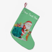 santa met groene zak vol kerstcadeaus kleine kerstsok (Voorkant (Hangend))
