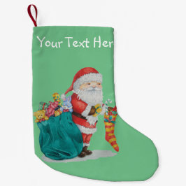 santa met groene zak vol kerstcadeaus kleine kerstsok