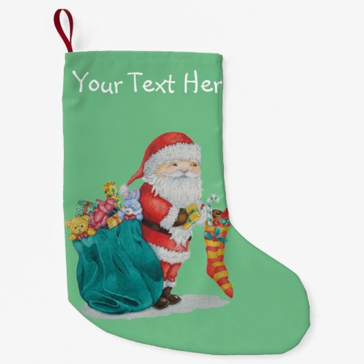 santa met groene zak vol kerstcadeaus kleine kerstsok (Voorkant)