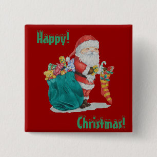 santa met kerstspeelgoed en geschenken in een kass vierkante button 5,1 cm