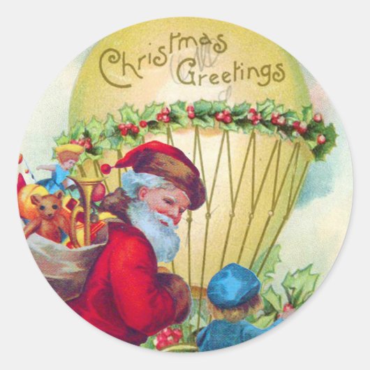 SANTA MET KIND, CHRISTMAS BALLOON, HOLLYBERRIA RONDE STICKER (Voorkant)