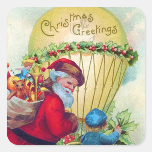 SANTA MET KIND, CHRISTMAS BALLOON, HOLLYBERRIA VIERKANTE STICKER (Voorkant)