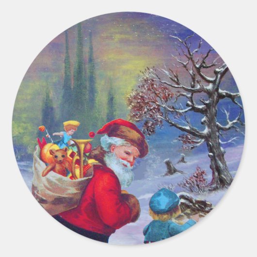 SANTA MET KIND IN WINTER SNEE RONDE STICKER (Voorkant)