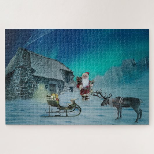 Santa met rendieraurora Borealis Holiday Puzzle Legpuzzel (Horizontaal)