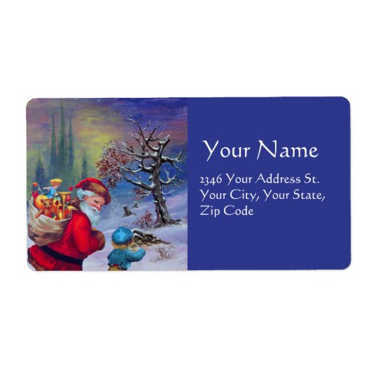 SANTA MET TOYS EN KIND IN DE WINTER SNEEUW ETIKET (Voorkant)