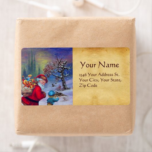 SANTA MET TOYS EN KIND IN DE WINTERSNEEUW ETIKET (Insitu)