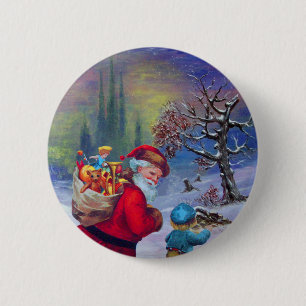 SANTA MET TOYS EN KIND IN DE WINTERSNEEUW RONDE BUTTON 5,7 CM
