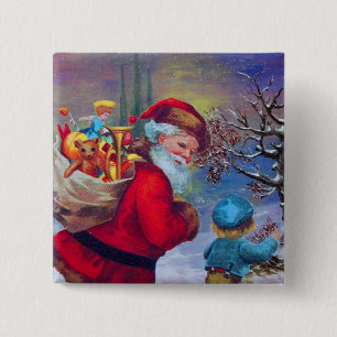 SANTA MET TOYS EN KIND IN DE WINTERSNEEUW VIERKANTE BUTTON 5,1 CM