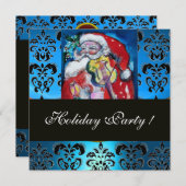 SANTA MET VIOLIN, BLAUW ZWARTE DAMASK MONOGRAM Rub Kaart (Voorkant / Achterkant)