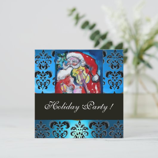 SANTA MET VIOLIN, BLAUW ZWARTE DAMASK MONOGRAM Rub Kaart (Staand voorkant)