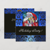 SANTA MET VIOLIN, BLAUW ZWARTE DAMASK MONOGRAM Rub Kaart (Voorkant / Achterkant)