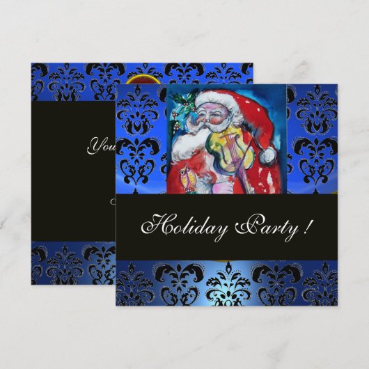 SANTA MET VIOLIN, BLAUW ZWARTE DAMASK MONOGRAM Rub Kaart (Voorkant / Achterkant)