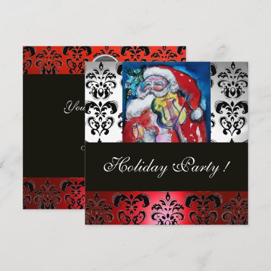 SANTA MET VIOLIN, RODE ZWARTE DAMASK MONOGRAM Ruby Kaart (Voorkant / Achterkant)