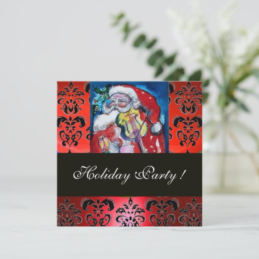 SANTA MET VIOLIN, RODE ZWARTE DAMASK MONOGRAM Ruby Kaart (Staand voorkant)