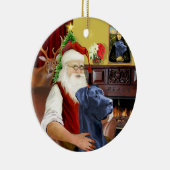 Santa met zijn Blauwe Grote Deen (natuurlijke oren Keramisch Ornament (Rechts)
