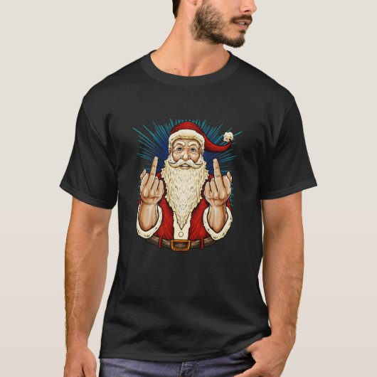 Santa Middle Finger flip off St. Nick KerstP T-shirt (Voorkant)