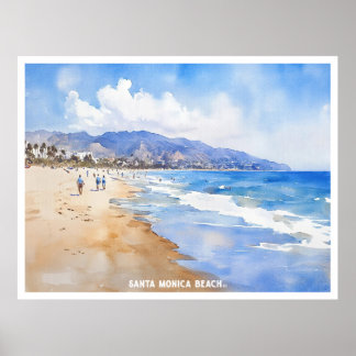 Santa Monica Beach, Ca waterverf schilderij Poster