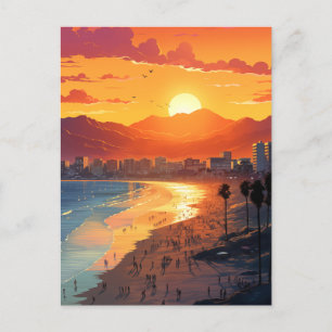 Santa Monica Beach zonsondergang met palmbomen Feestdagenkaart