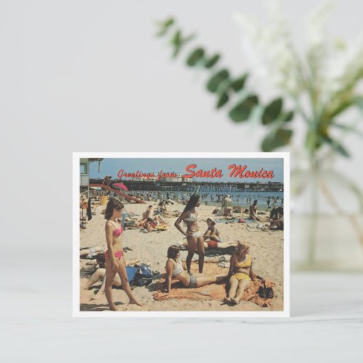 Santa Monica CA, Groeten, Strand Scene 1970 Retro Briefkaart (Staand voorkant)