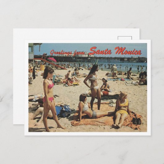 Santa Monica CA, Groeten, Strand Scene 1970 Retro Briefkaart (Voorkant / Achterkant)