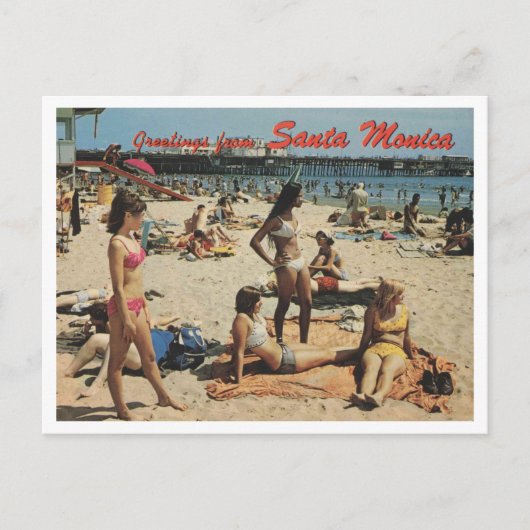 Santa Monica CA, Groeten, Strand Scene 1970 Retro Briefkaart (Voorkant)