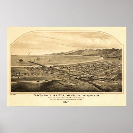 Santa Monica CA Panoramic Bird's Eye Uitzicht Poster (Voorkant)