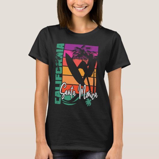 Santa Monica California Retro Sunset Surfer Surfin T-shirt (Voorkant)