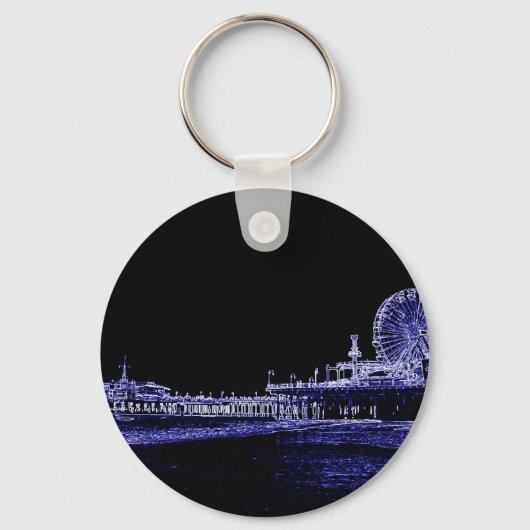 Santa Monica Pier Blue Neon Night Foto bewerken Sleutelhanger (Voorkant)