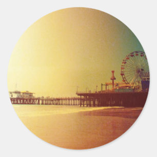 Santa Monica Pier - Oranje Sunrise Foto Edit Ronde Sticker