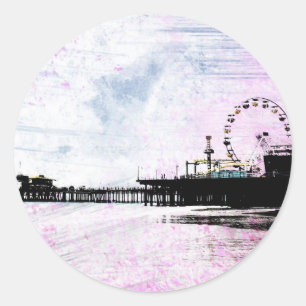 Santa Monica Pier Pink Grunge Ronde Sticker