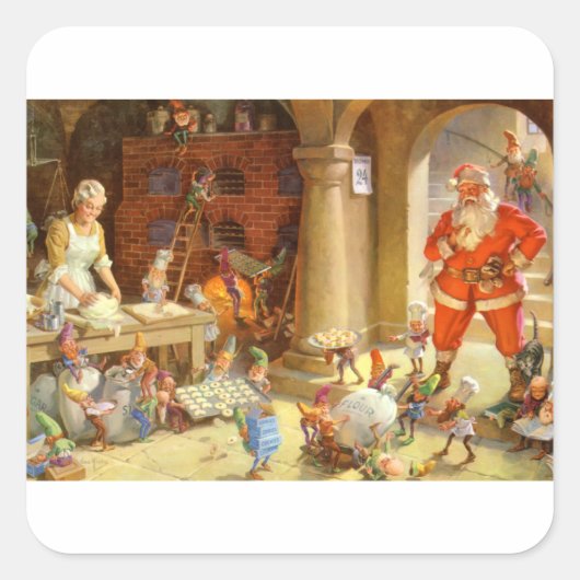 Santa, Mrs. Claus & Elves Bake Christmas Cookies Vierkante Sticker (Voorkant)