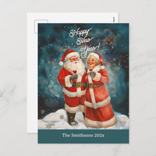 Santa Mrs Claus Happy New Year Briefkaart (Voorkant / Achterkant)