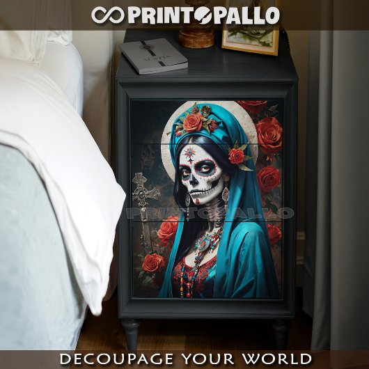 Santa Muerte met bloemen in traditionele klederdra Tissuepapier