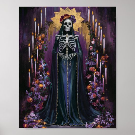 Santa Muerte met kaarsen en bloemen Poster (Voorkant)