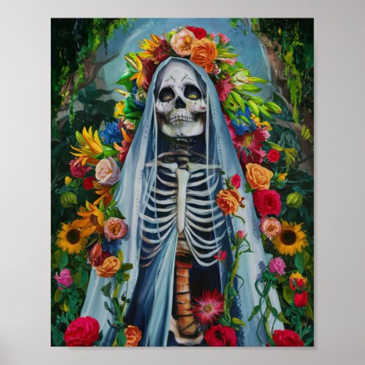 Santa Muerte met Kleurrijke Bloemen Poster (Voorkant)