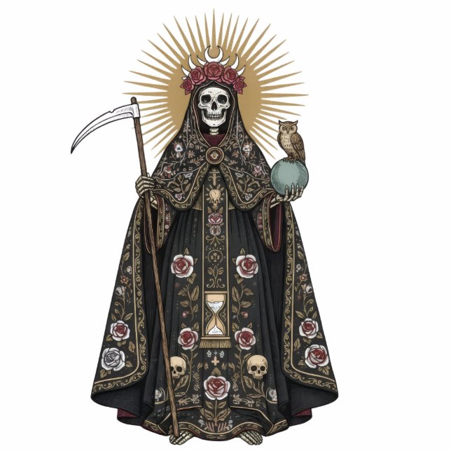 Santa Muerte Saint Holy Death Black Robe 2D Statue Staand Fotobeeldje (Voorkant)