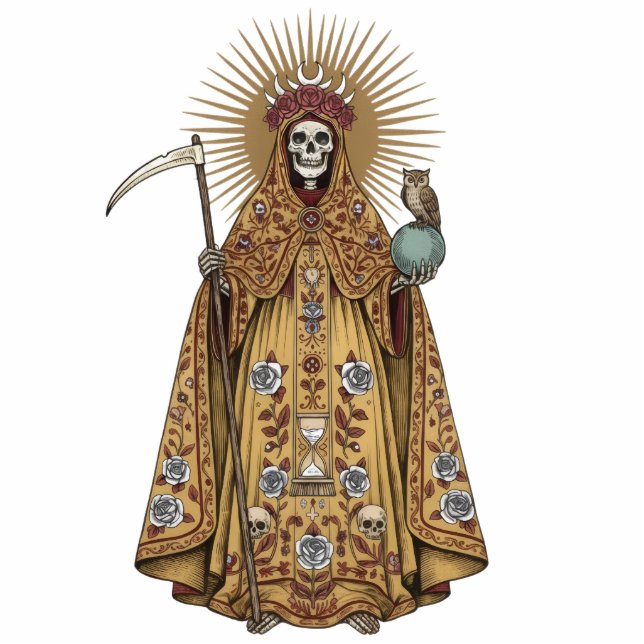 Santa Muerte Saint Holy Death Gold Cloak 2D Statue Staand Fotobeeldje (Voorkant)