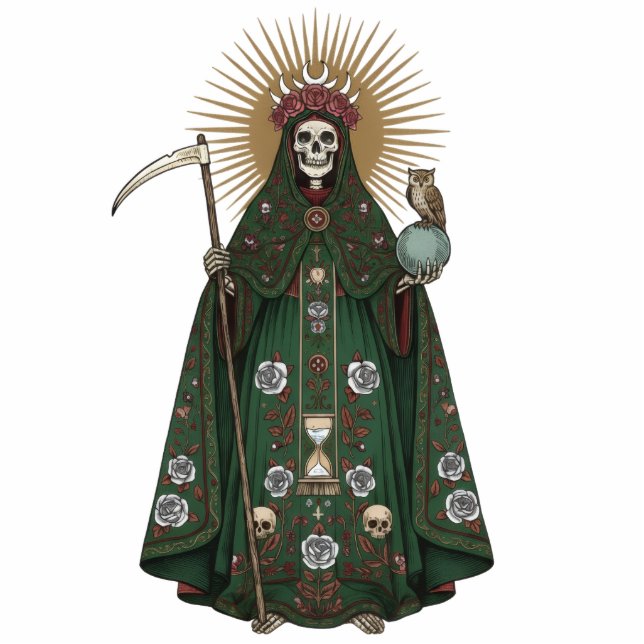Santa Muerte Saint Holy Death Green Robe 2D Statue Staand Fotobeeldje (Voorkant)