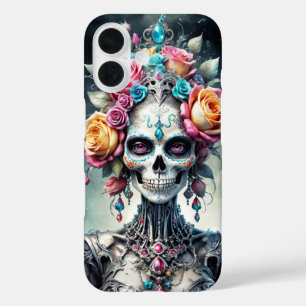 Santa Muerte schedel met kleurrijke bloemen bedekt iPhone 16 Hoesje