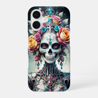 Santa Muerte schedel met kleurrijke bloemen bedekt iPhone 16 Hoesje