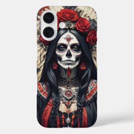 Santa Muerte versierd met rode bloemen bedekking iPhone 16 Hoesje