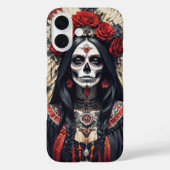 Santa Muerte versierd met rode bloemen cover (Achterkant)