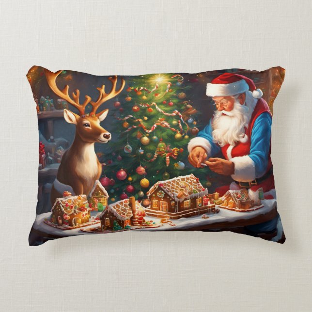 Santa N Reindeer maken peperkoek huis Kerstmis Accent Kussen (Voorkant)